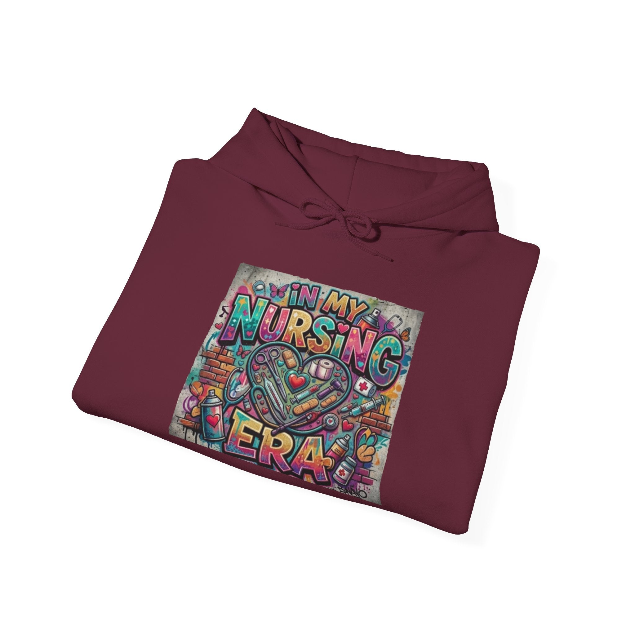 Nursing Era Hoodie – Colorful Heart & Stethoscope Graphic for Nurses