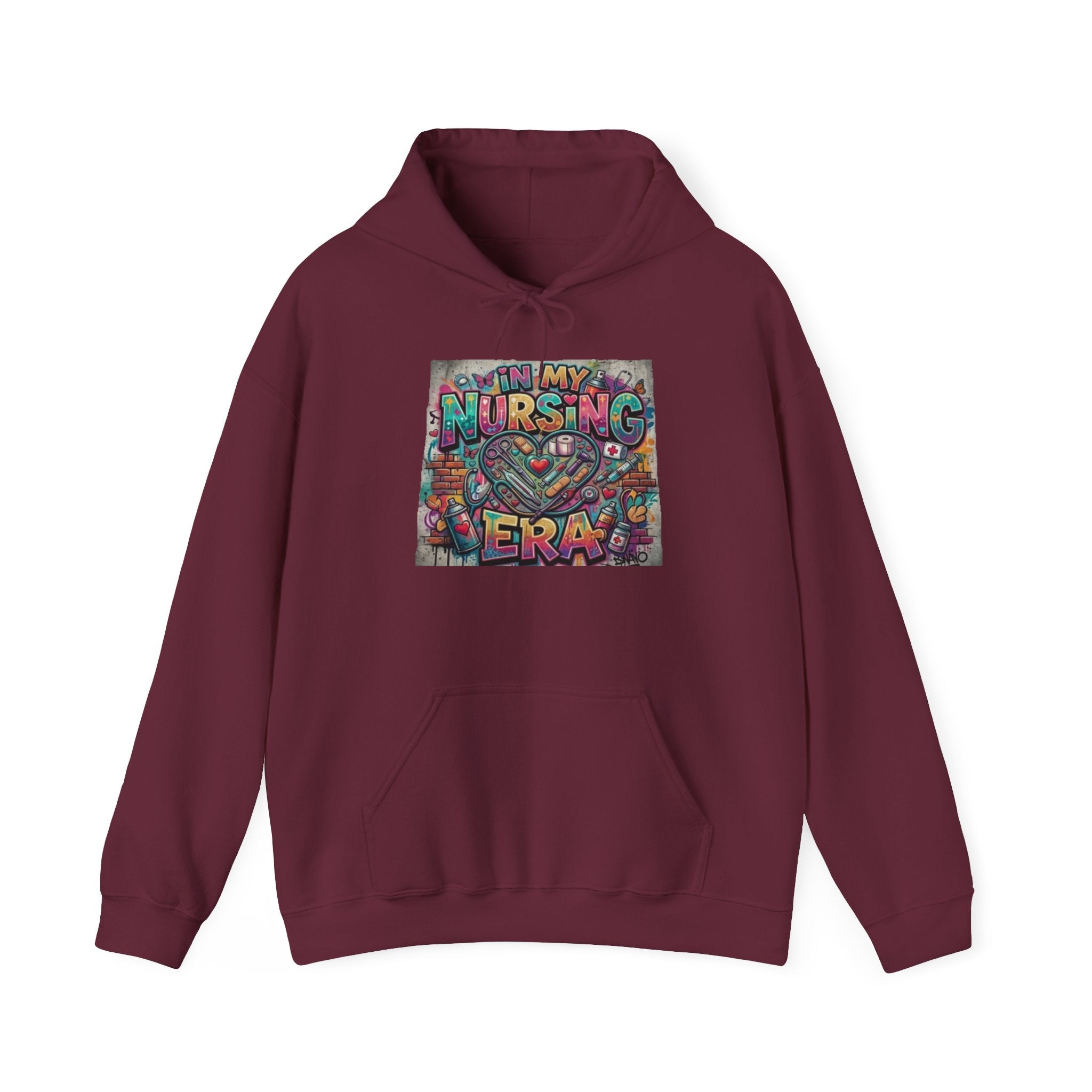 Nursing Era Hoodie – Colorful Heart & Stethoscope Graphic for Nurses