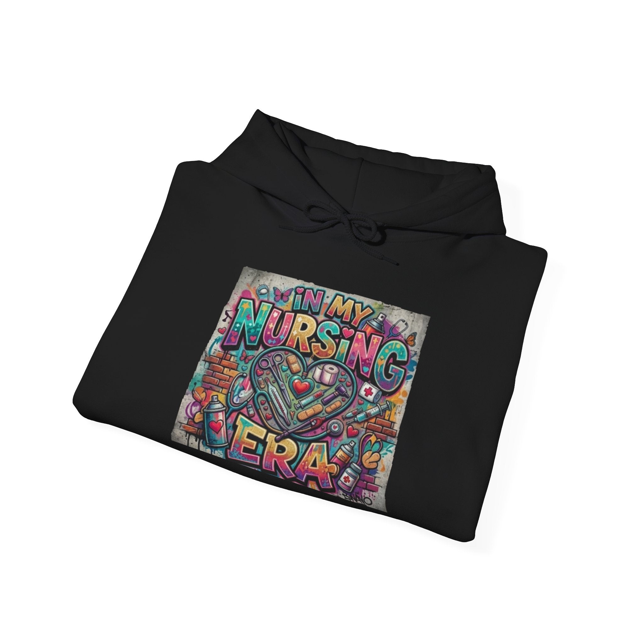 Nursing Era Hoodie – Colorful Heart & Stethoscope Graphic for Nurses